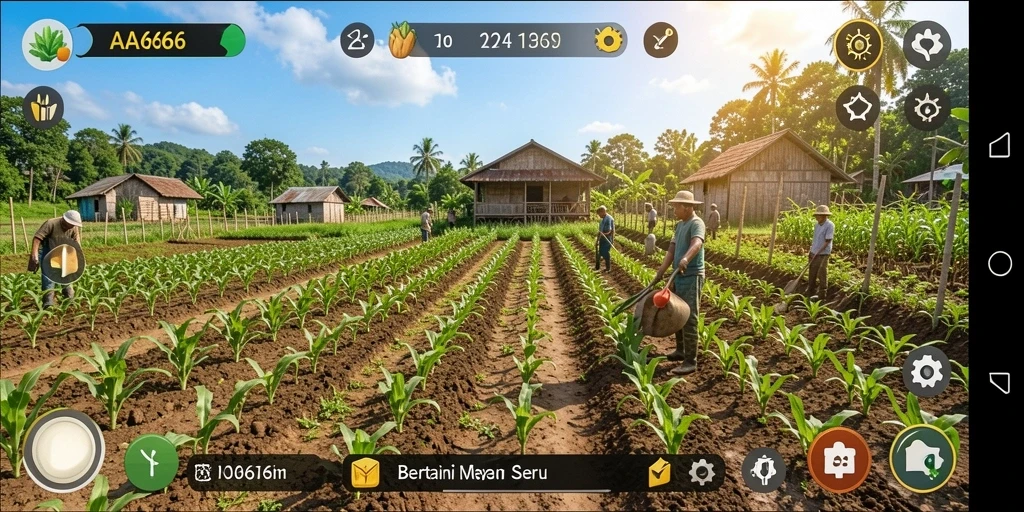 Tampilan gameplay AA666 yang menampilkan suasana pertanian yang cerah dan berwarna-warni.