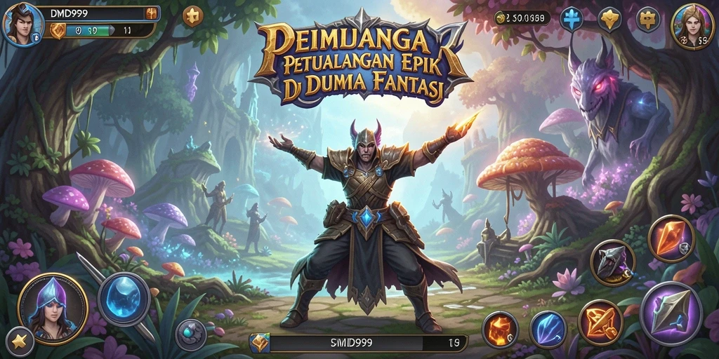 Screenshot utama DMD999 menampilkan pertempuran epik dan dunia yang indah.
