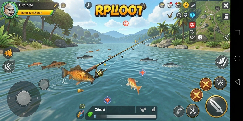 Screenshot menampilkan gameplay seru dari RPLOOT dengan aksi memancing yang mendebarkan.