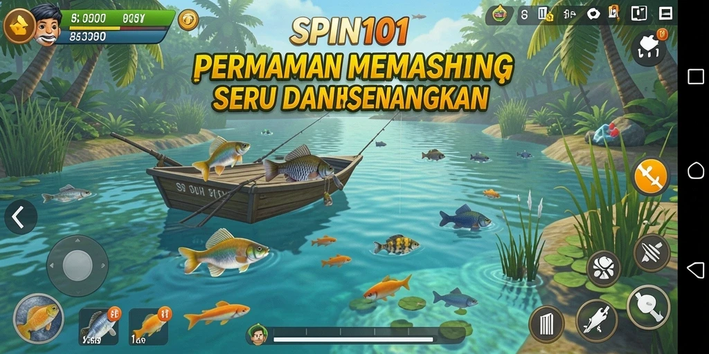 Screenshot utama dari gameplay SPIN101 yang menunjukkan aksi memancing yang seru.