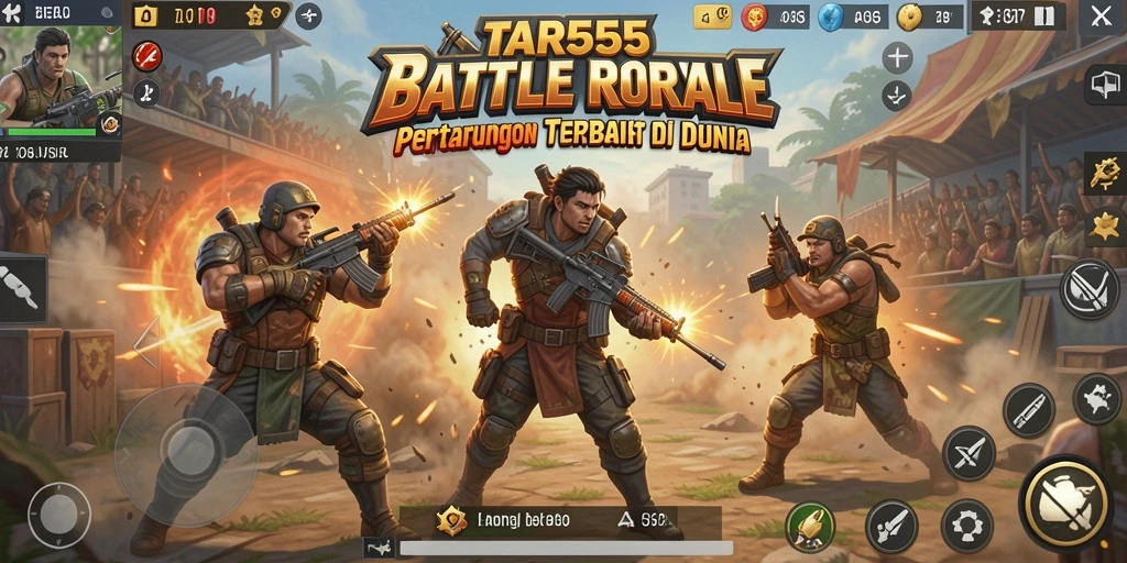 Screenshot TAR555 menunjukkan aksi epic di medan perang Battle Royale.