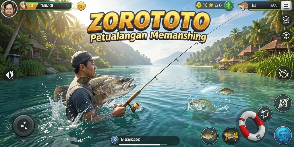 Gameplay ZOROTOTO yang menampilkan aksi memancing seru.